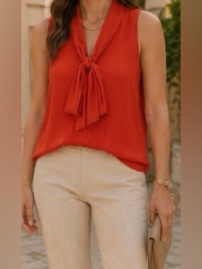 Theory Red Silk Sleeveless Pleated Tie Neck Blouse L NWOT